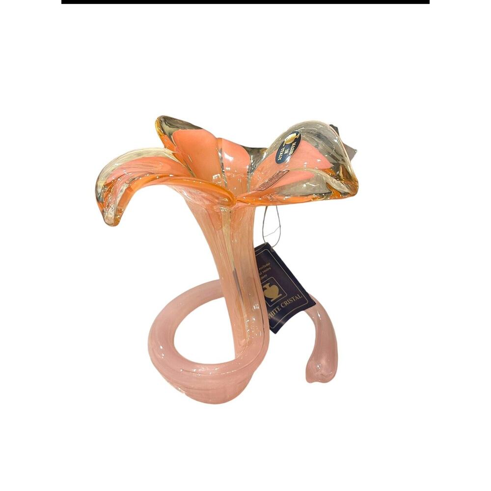 New With Tags Pink Murano Italy Art Glass Handblown Lily Flower Vase 8” Tall LG - Picture 2 of 14